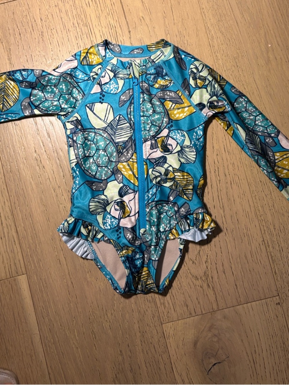 Tea Collection Turquoise Floral Long-Sleeve One-Piece Swimsuit